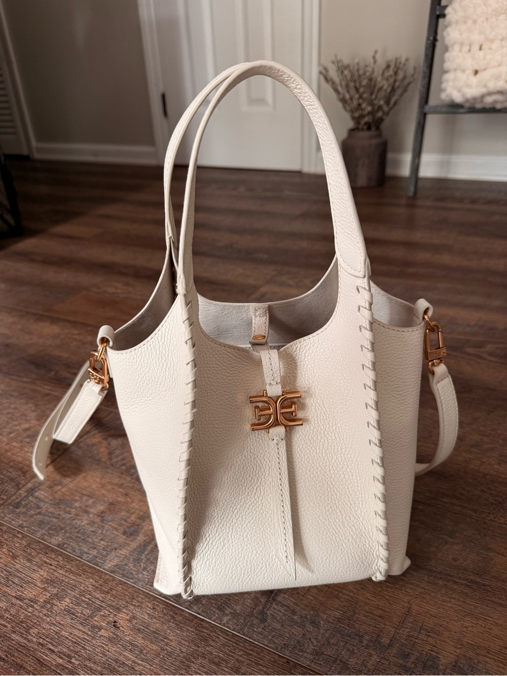 Sam Edelman Cream Leather Tote with Gold Logo Accent